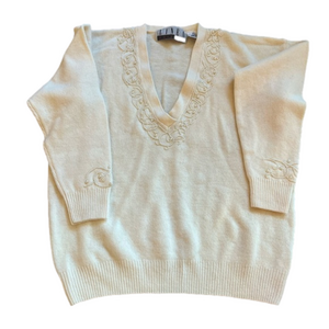 Vintage Angora & Lambswool Cream V Neck Sweater, Delicate Seed Pearl Beading M